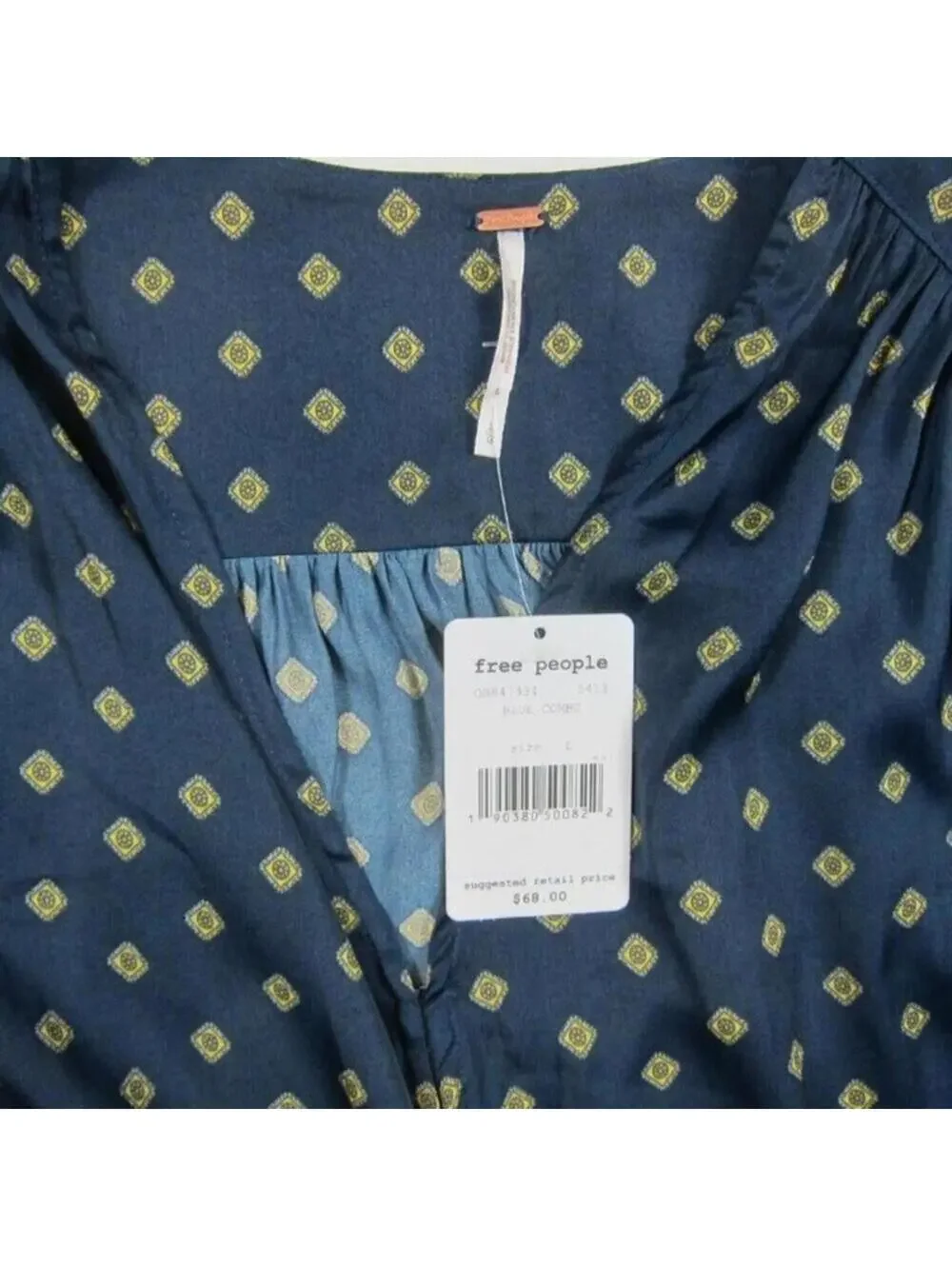 Free People Large Top Sleeveless Tie Up Blouse Navy Blue & Gold NEW WITH TAG